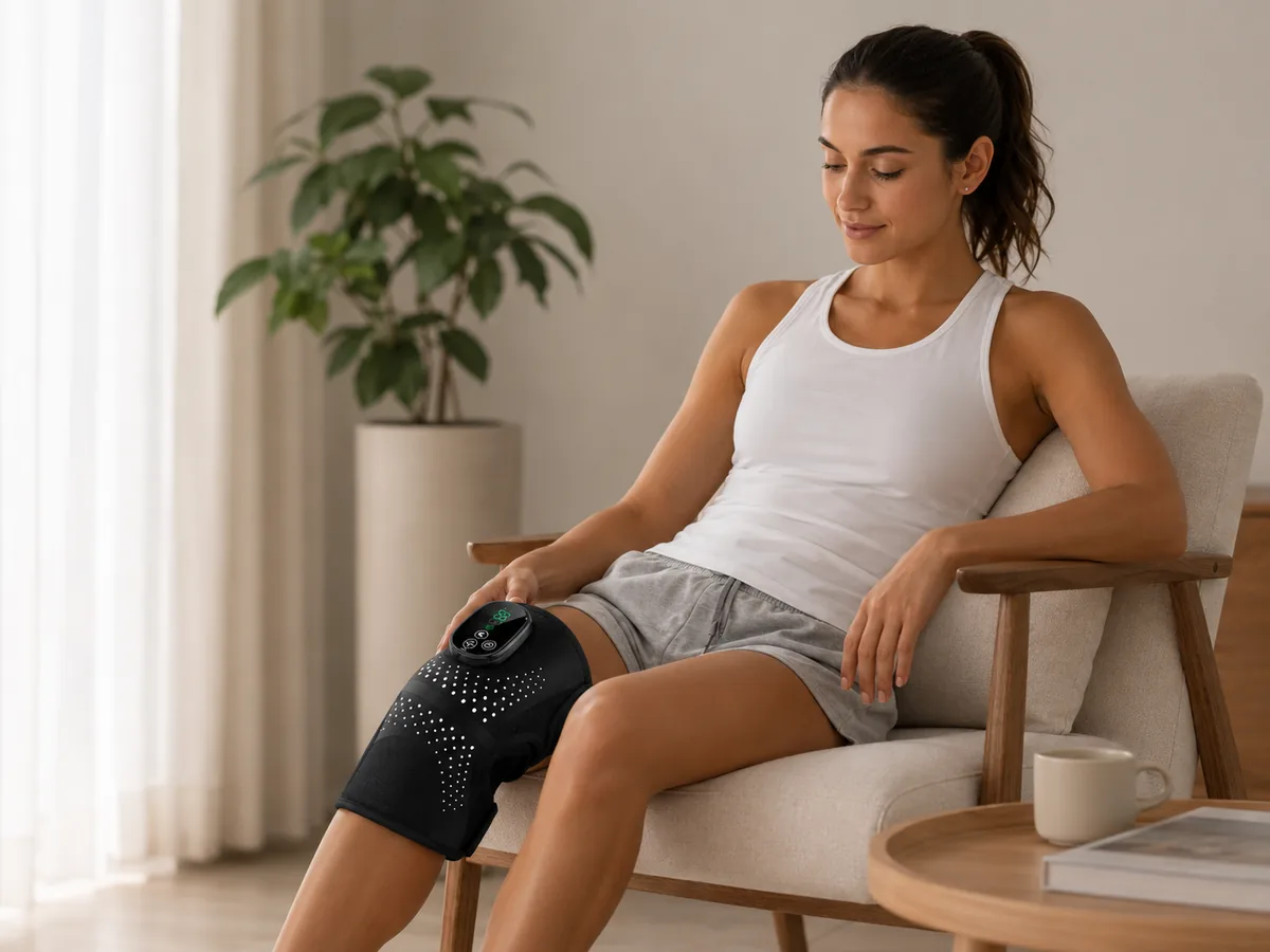 Woman using a rechargeable knee heating massager at home