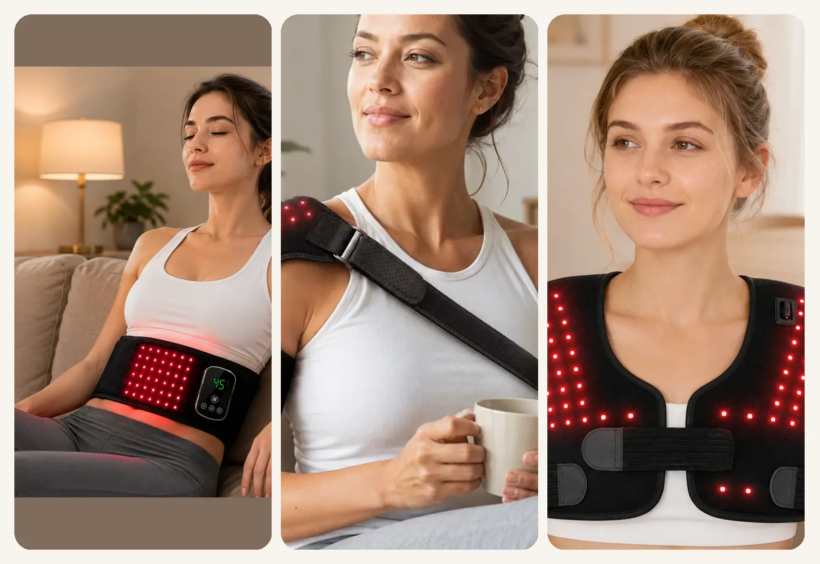Woman wearing LK-SPM001 red and near-infrared shoulder and back wrap at home