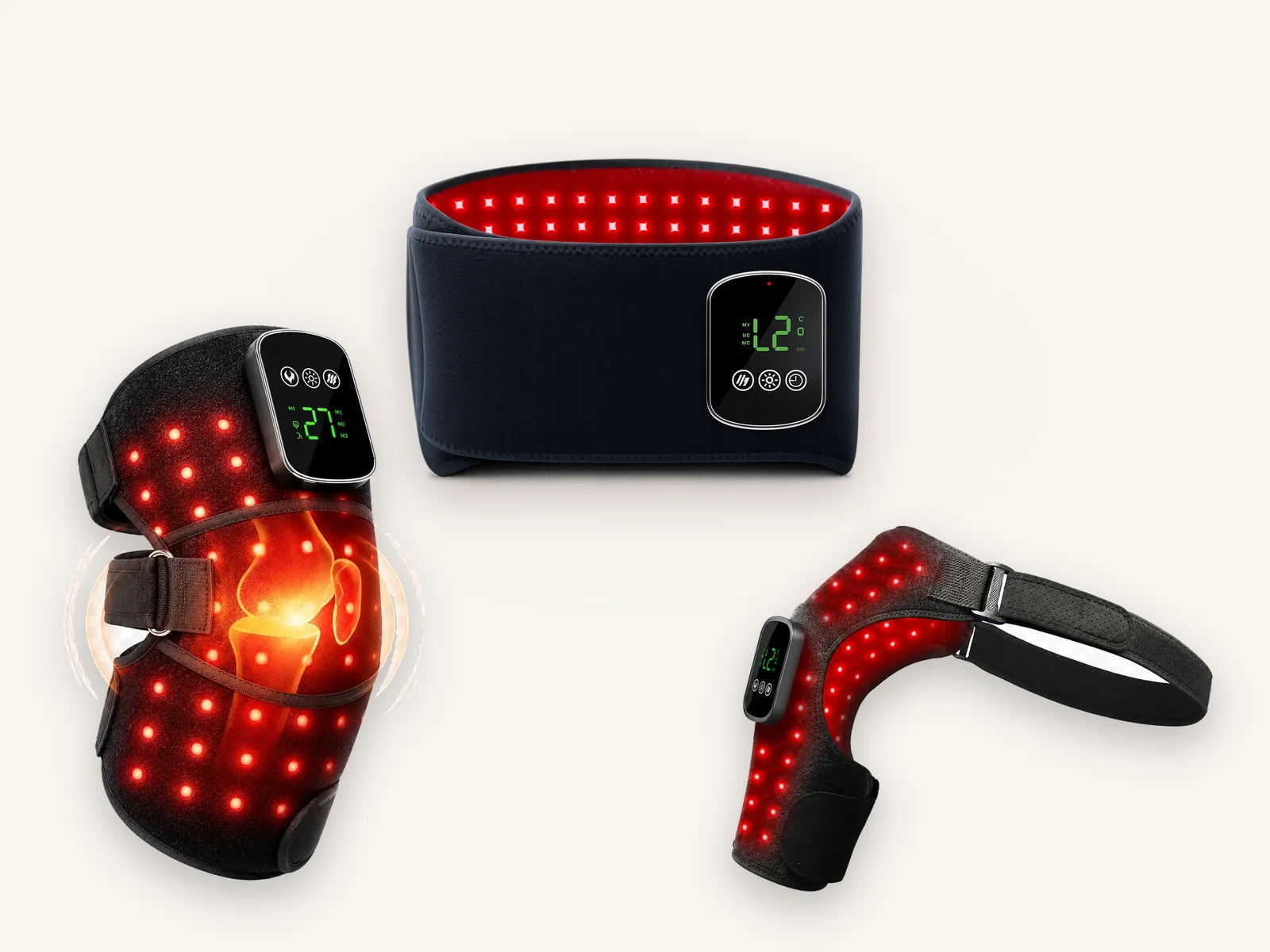 Red light wellness products supplier range with knee waist and shoulder wraps