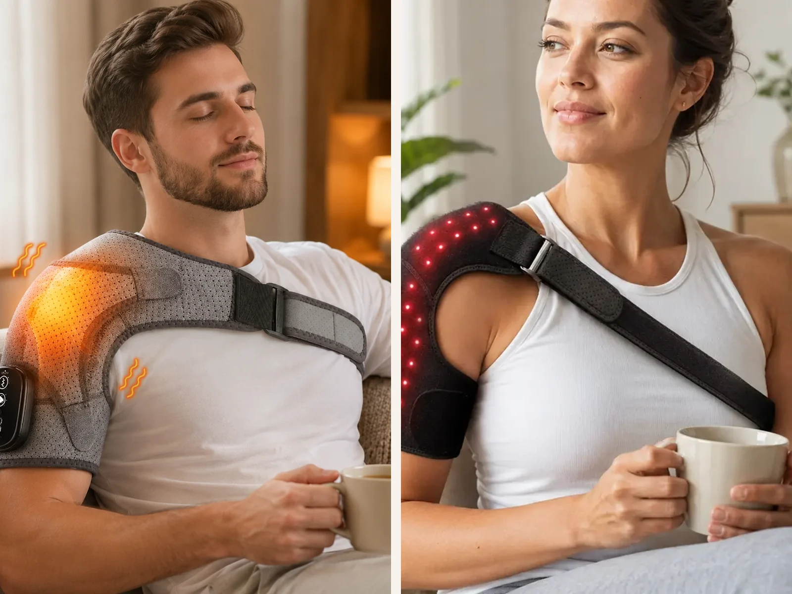Man wearing LK-SM001 rechargeable heated shoulder wrap at home