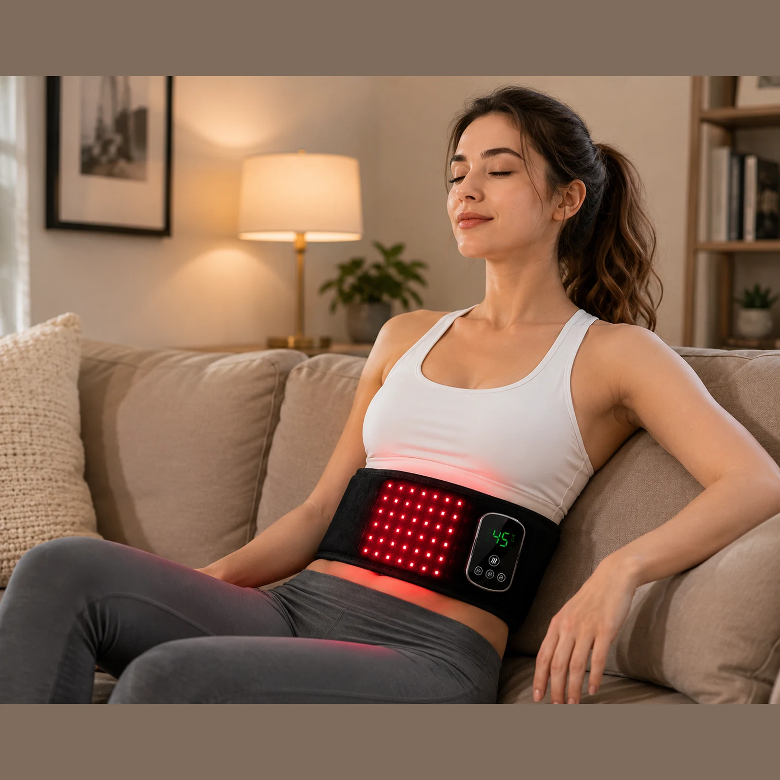 Woman using the LK-WSM001 red light waist heating massager at home