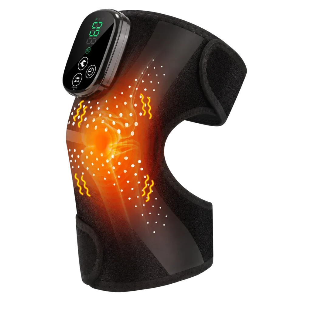 LK-KM001 knee wrap showing the adjustable heating function with a warm orange glow effect.