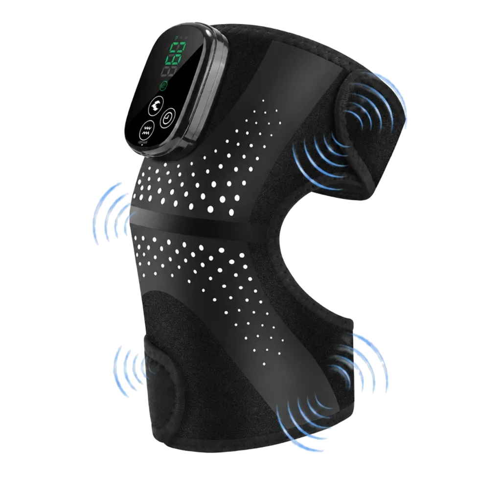 LK-KM001 knee wrap showing the vibration massage function with blue wave accents.
