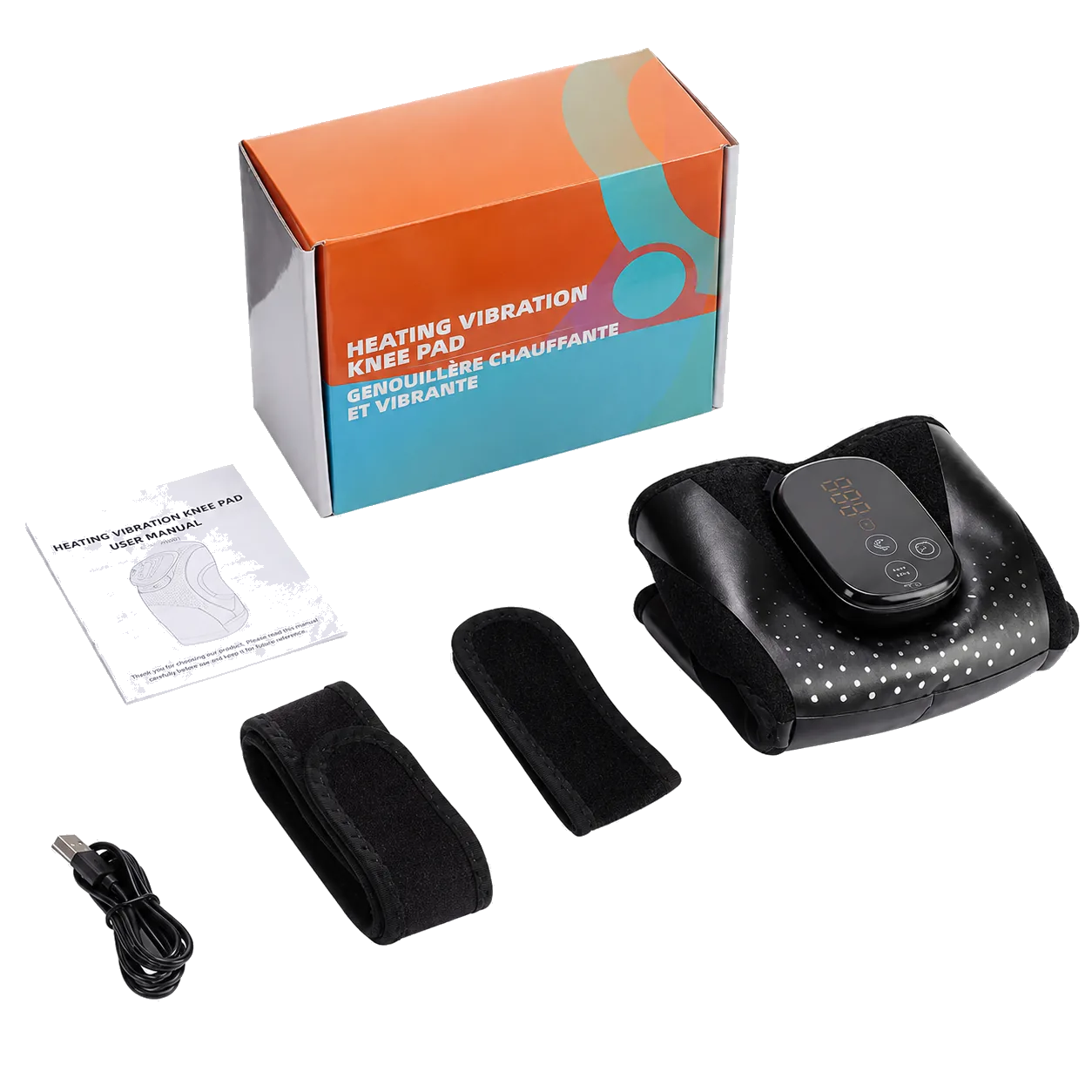 LK-KM001 heated knee wrap with packaging, manual, straps, and charging cable.