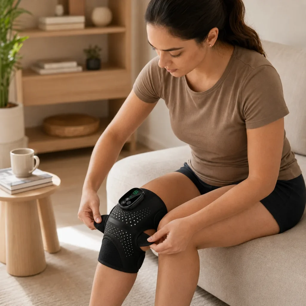 Woman wearing the LK-KM001 heated knee wrap at home in a relaxed wellness setting.
