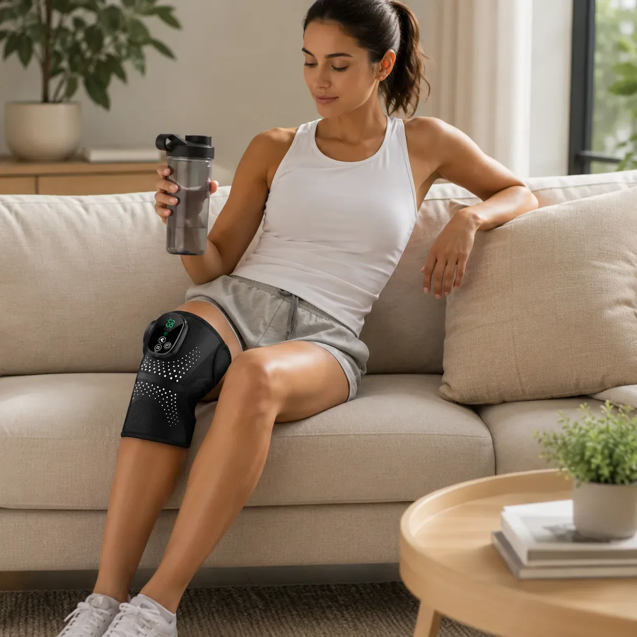 Woman wearing the LK-KM001 heated knee wrap at home in a relaxed wellness setting.