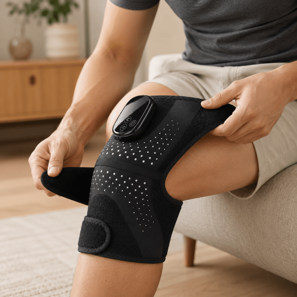 Man wearing the LK-KM001 heated knee wrap at home in a relaxed wellness setting.