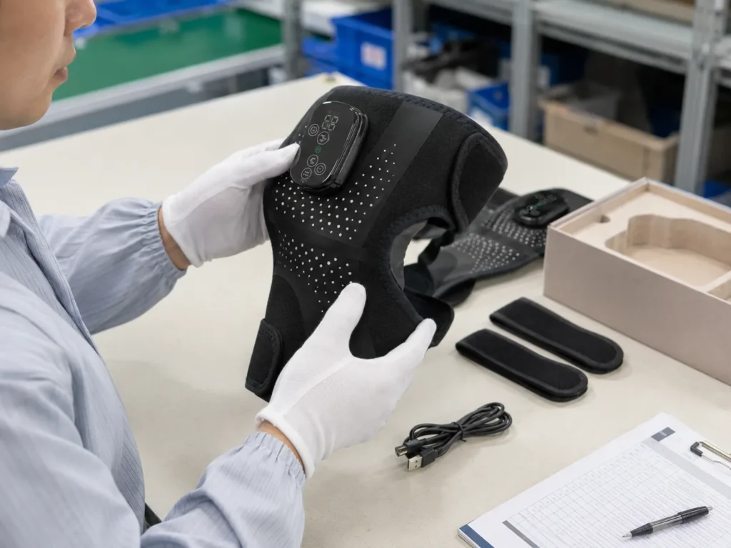 Inspection and packaging workflow scene for the LK-KM001 heated knee wrap in a factory setting.