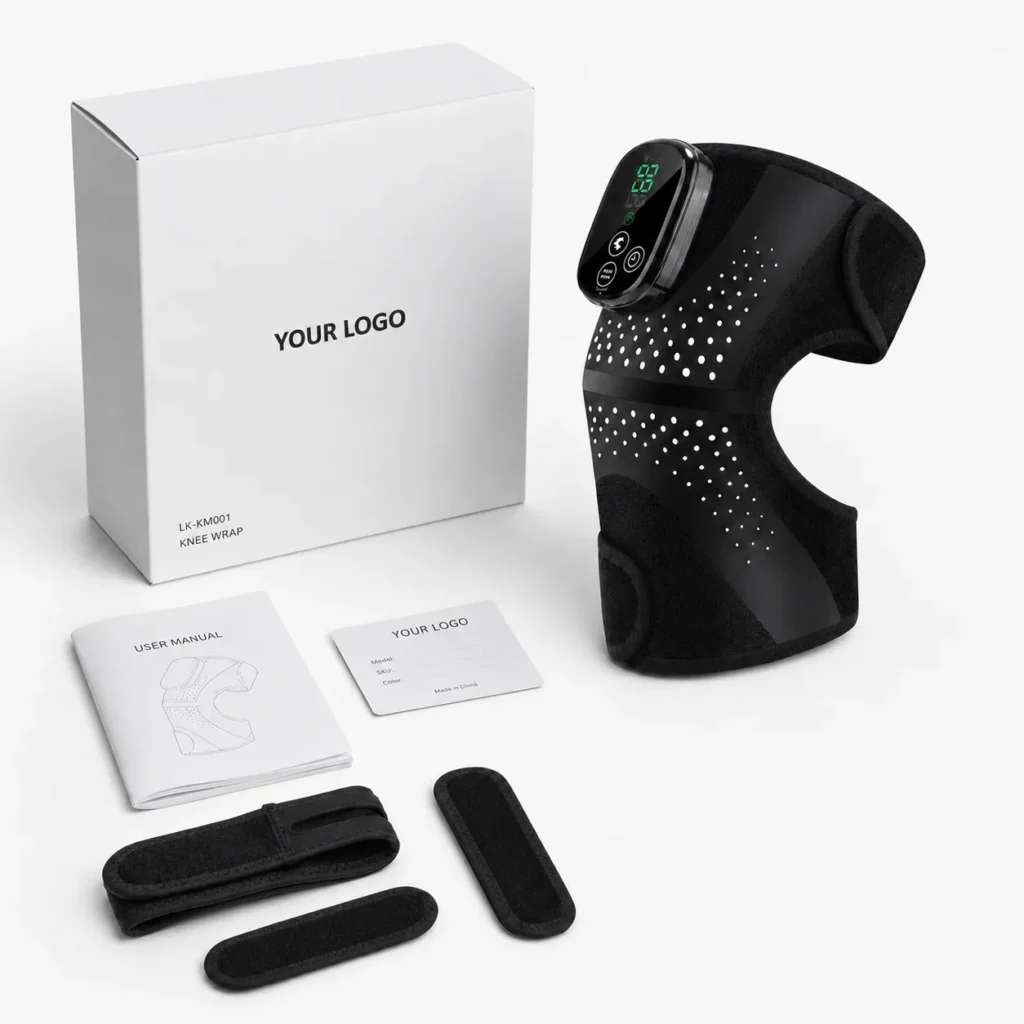 Private-label packaging presentation for the LK-KM001 knee wrap with box, manual, and accessories.