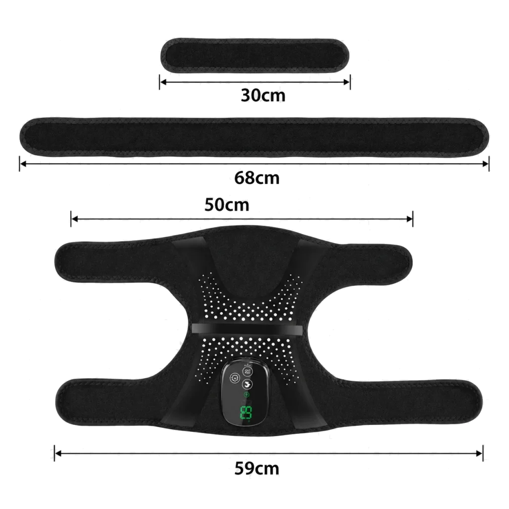 Dimension diagram of the LK-KM001 knee wrap showing the straps and overall product size.