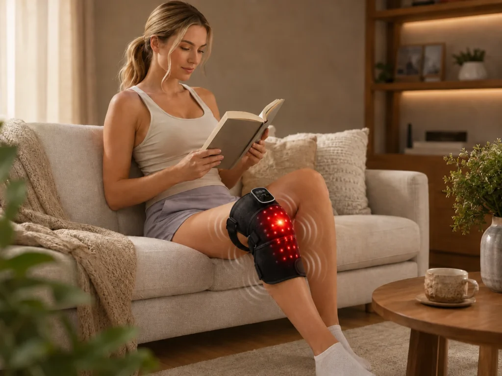 Home application scene showing the LK-RKM001 knee wrap in use during relaxed reading, with red light, warmth, and subtle vibration effect.
