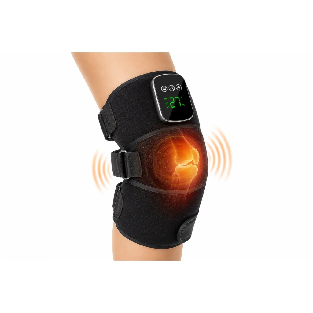 Feature image showing the LK-RKM001 knee wrap worn on the leg with clear heat and vibration effect emphasis.
