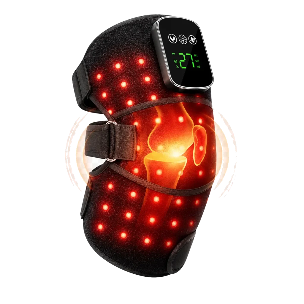 LK-RKM001 knee wrap illustrating the red light and warming function in a feature graphic.
