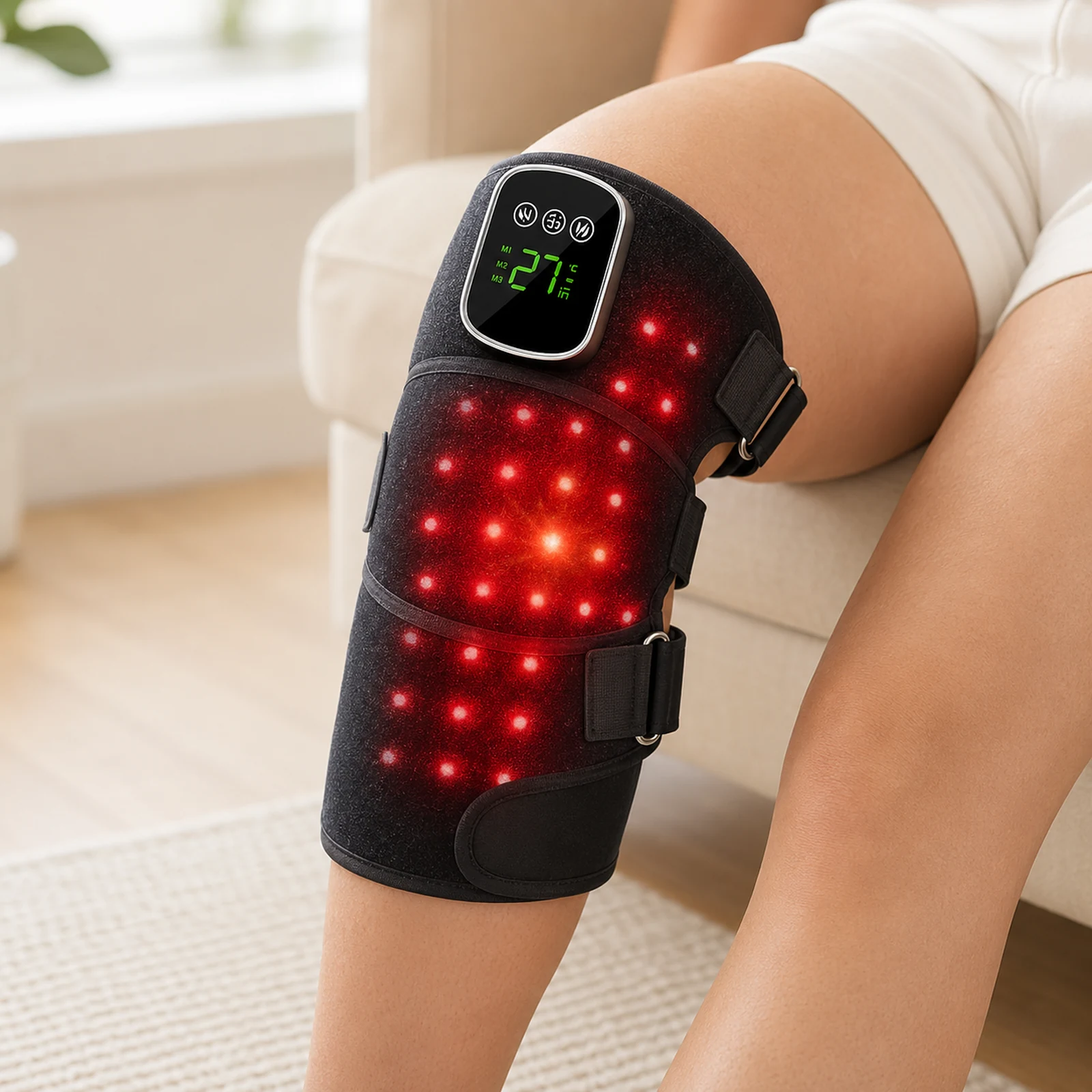 Lifestyle hero image of a person wearing the LK-RKM001 red light knee wrap at home.