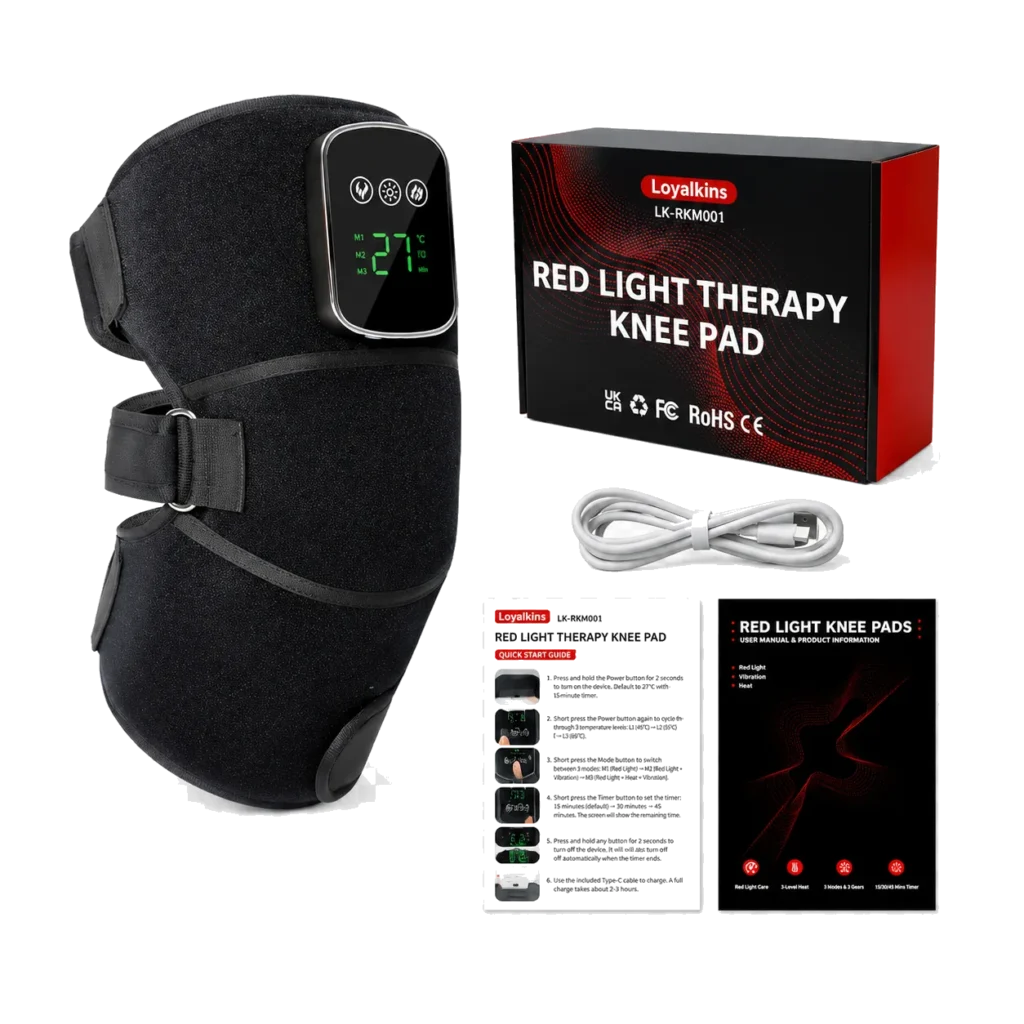 LK-RKM001 knee wrap with packaging, charging cable, and printed inserts.