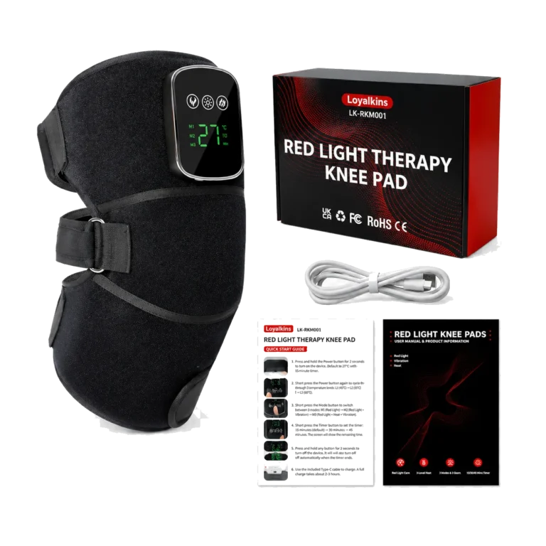 LK-RKM001 knee wrap with packaging, charging cable, and printed inserts.