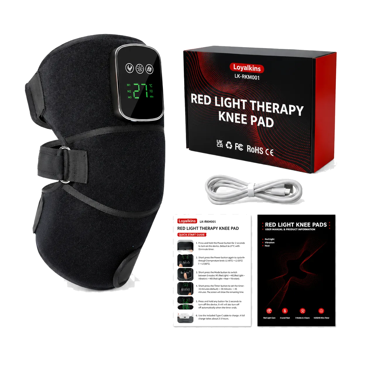 LK-RKM001 knee wrap with packaging, charging cable, and printed inserts.