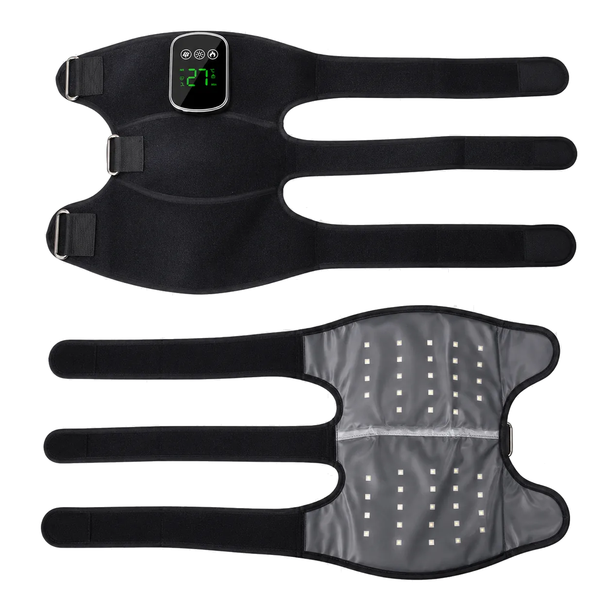Open flat view of the LK-RKM001 knee wrap showing the outer structure and inner LED panel.