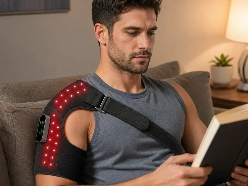 Man wearing Loyalkins red light shoulder wrap while reading at home