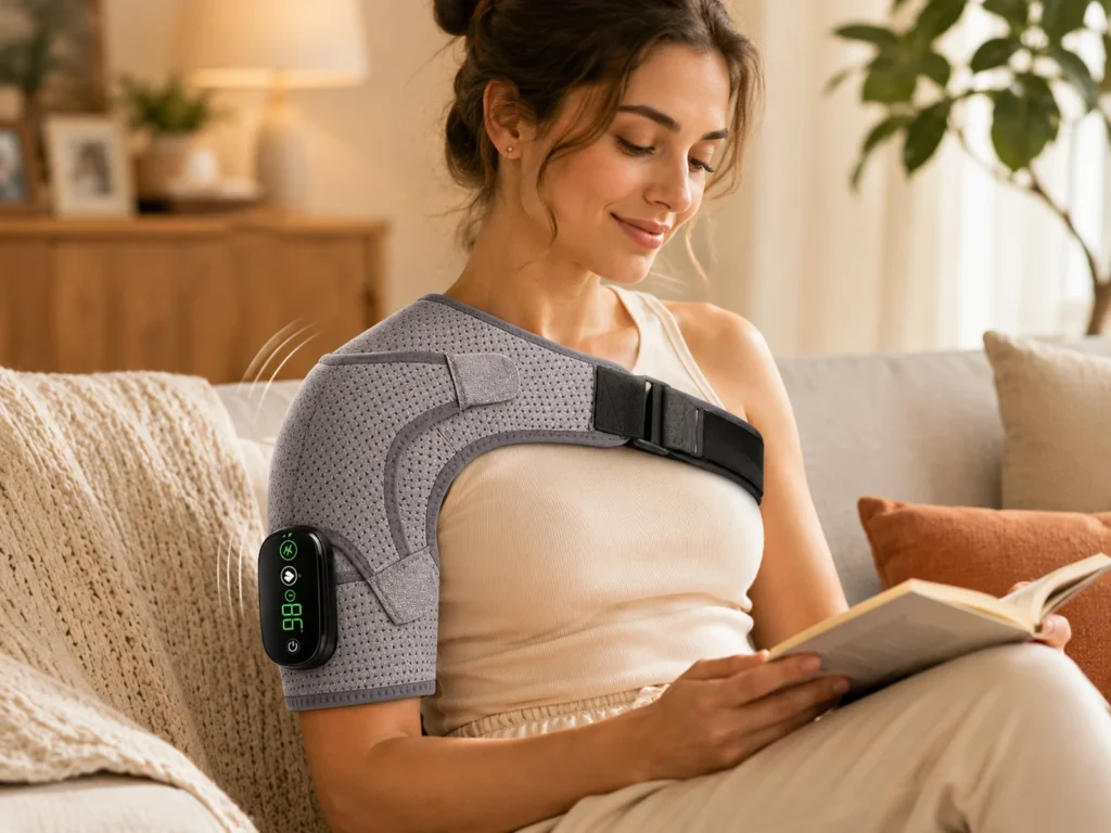 Woman using the wearable shoulder wrap while reading on a sofa in a warm lifestyle scene.