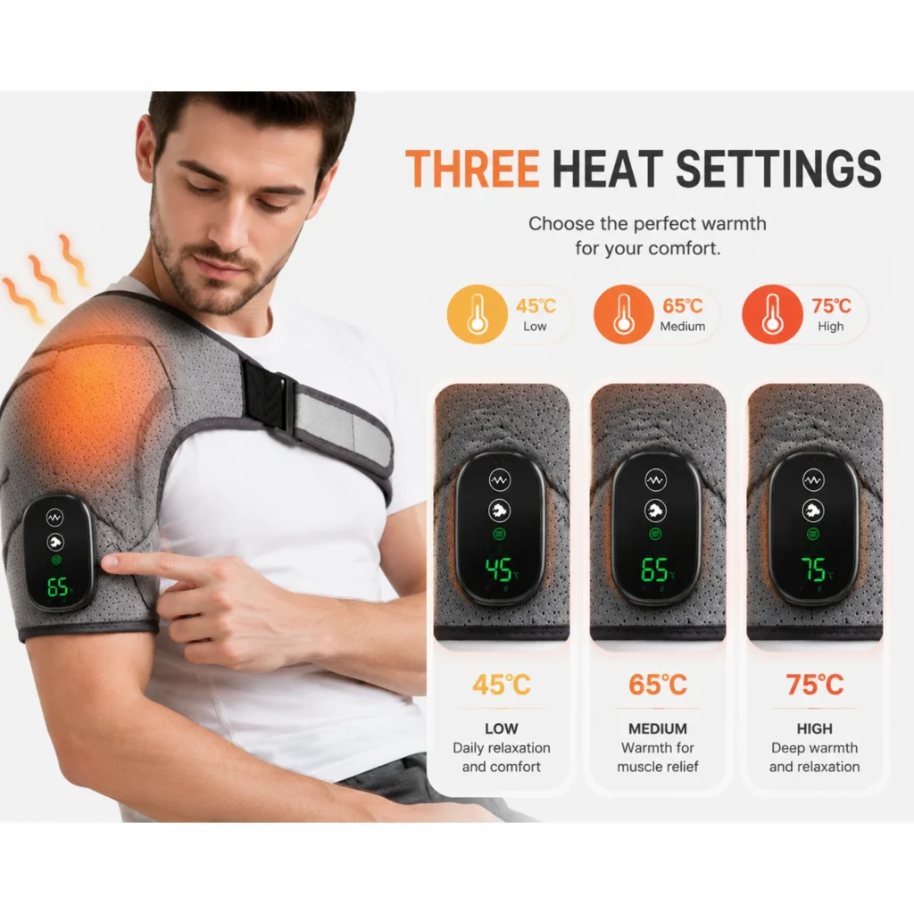 Three heat settings of the shoulder wrap shown as 45℃, 65℃ and 75℃.
