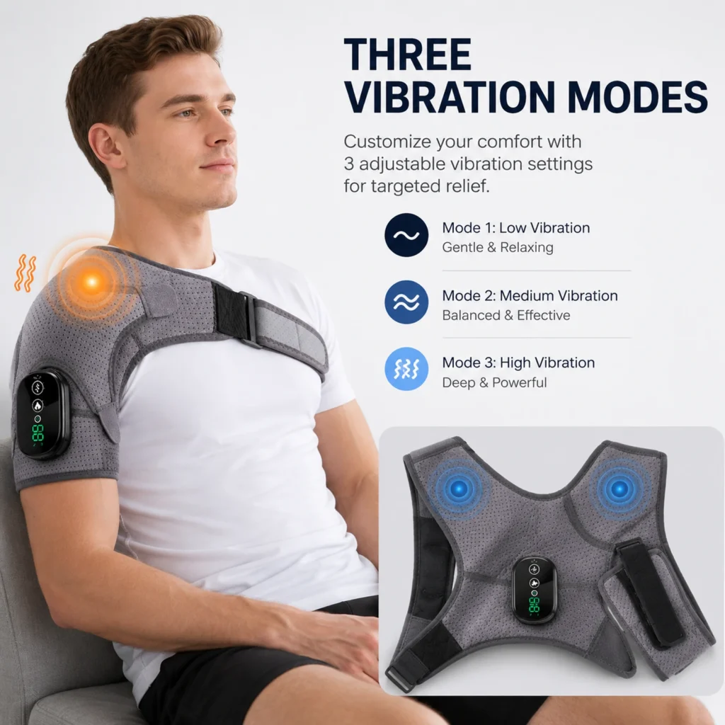 Three vibration modes illustrated with the wearable shoulder wrap and target vibration areas.