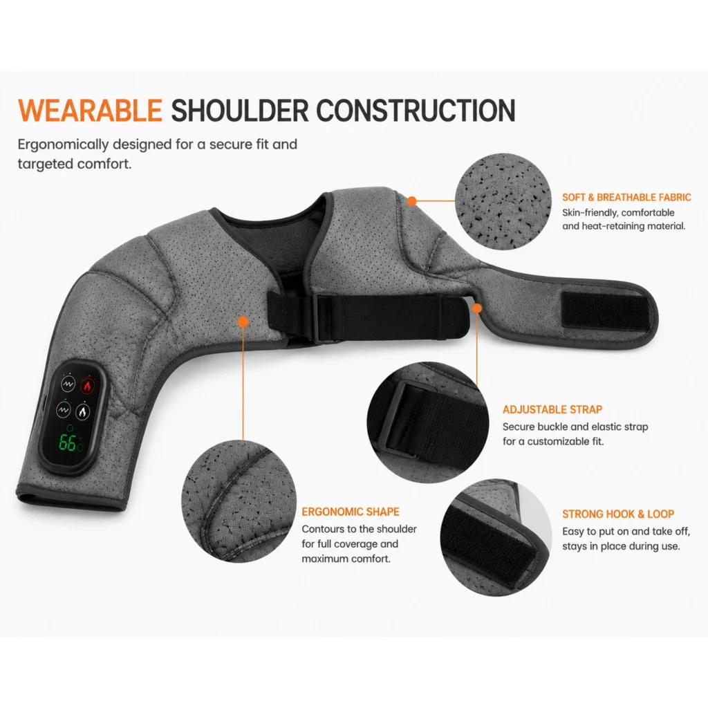 Wearable shoulder construction showing breathable fabric, adjustable strap, ergonomic shape, and hook-and-loop closure.
