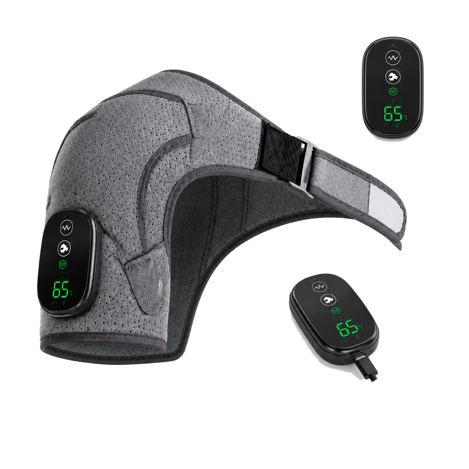 Grey shoulder wrap detail hero with close-up controller and Type-C charging details.