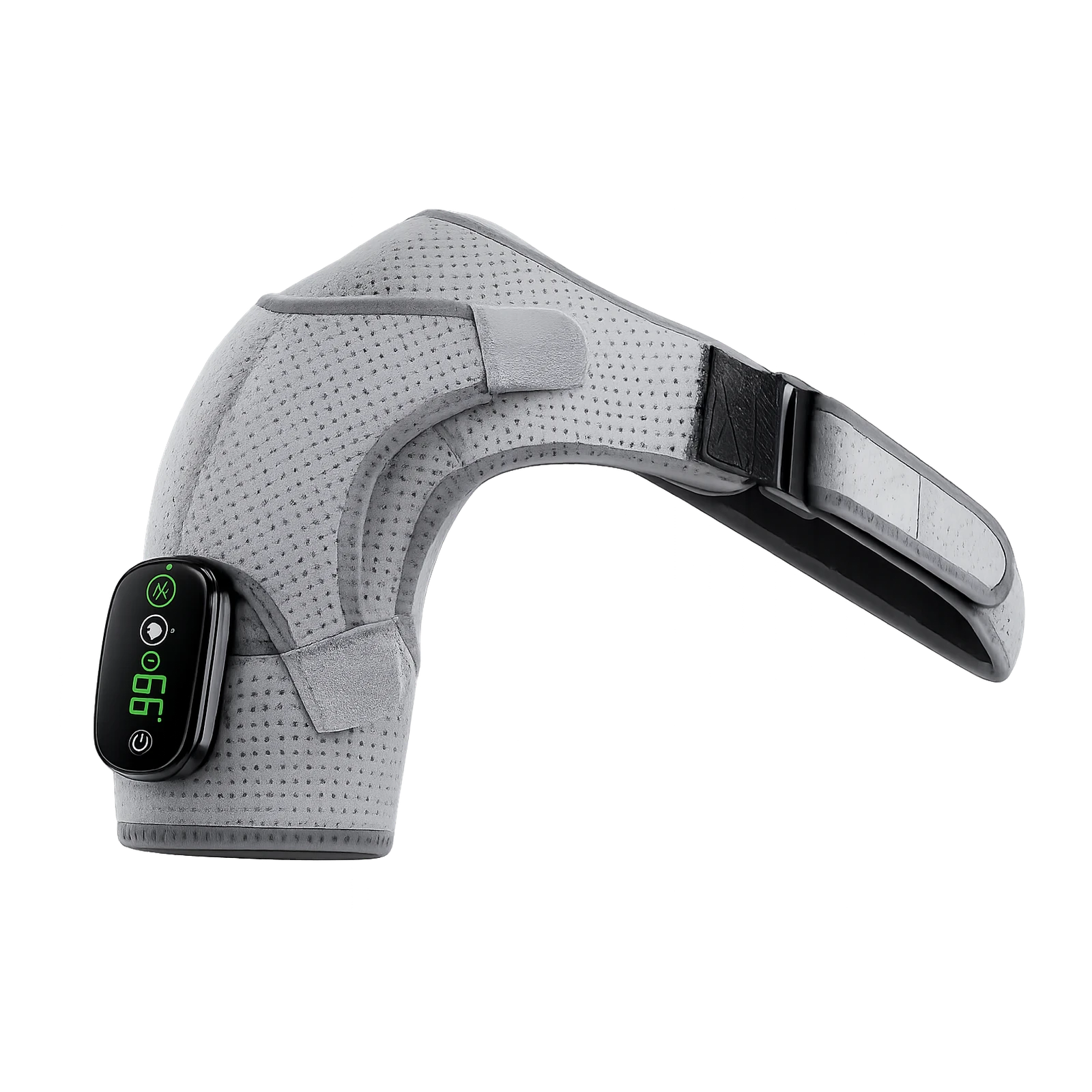 Grey wearable shoulder wrap with heat and vibration, main hero product view with integrated controller.