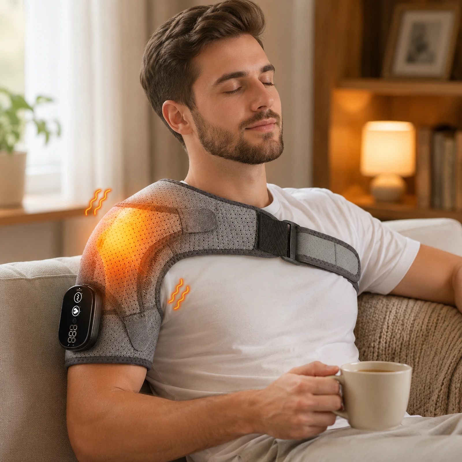Man wearing the heated vibration shoulder wrap in a relaxed home setting.