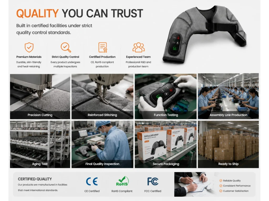 Manufacturing and quality overview showing production, testing, packaging, and CE, RoHS, and FCC certifications.