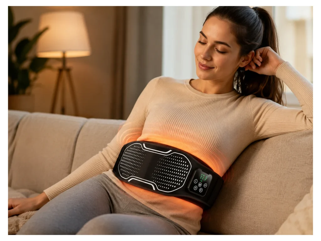 Woman using the LK-WM01 waist massage belt during a comfortable relaxation routine at home.