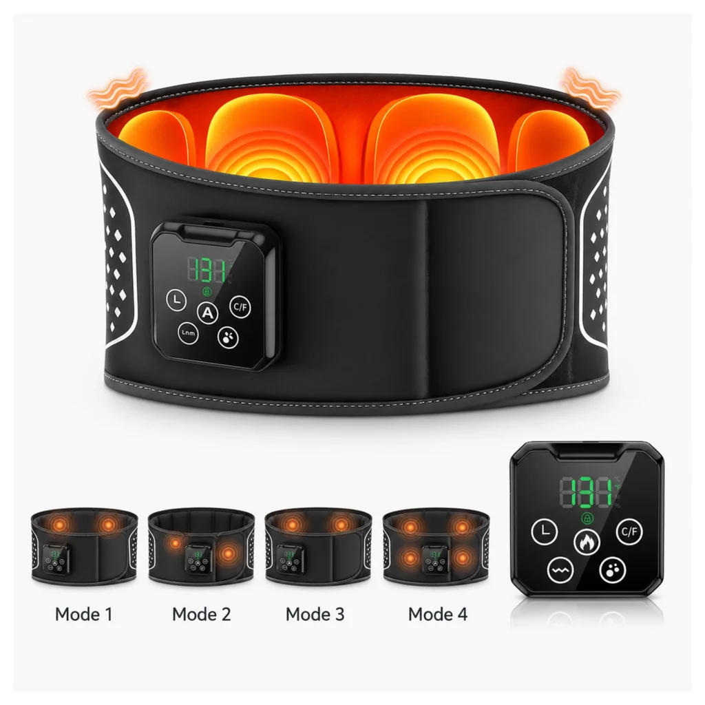 LK-WM01 four vibration modes illustrated with the actual waist belt and controller.