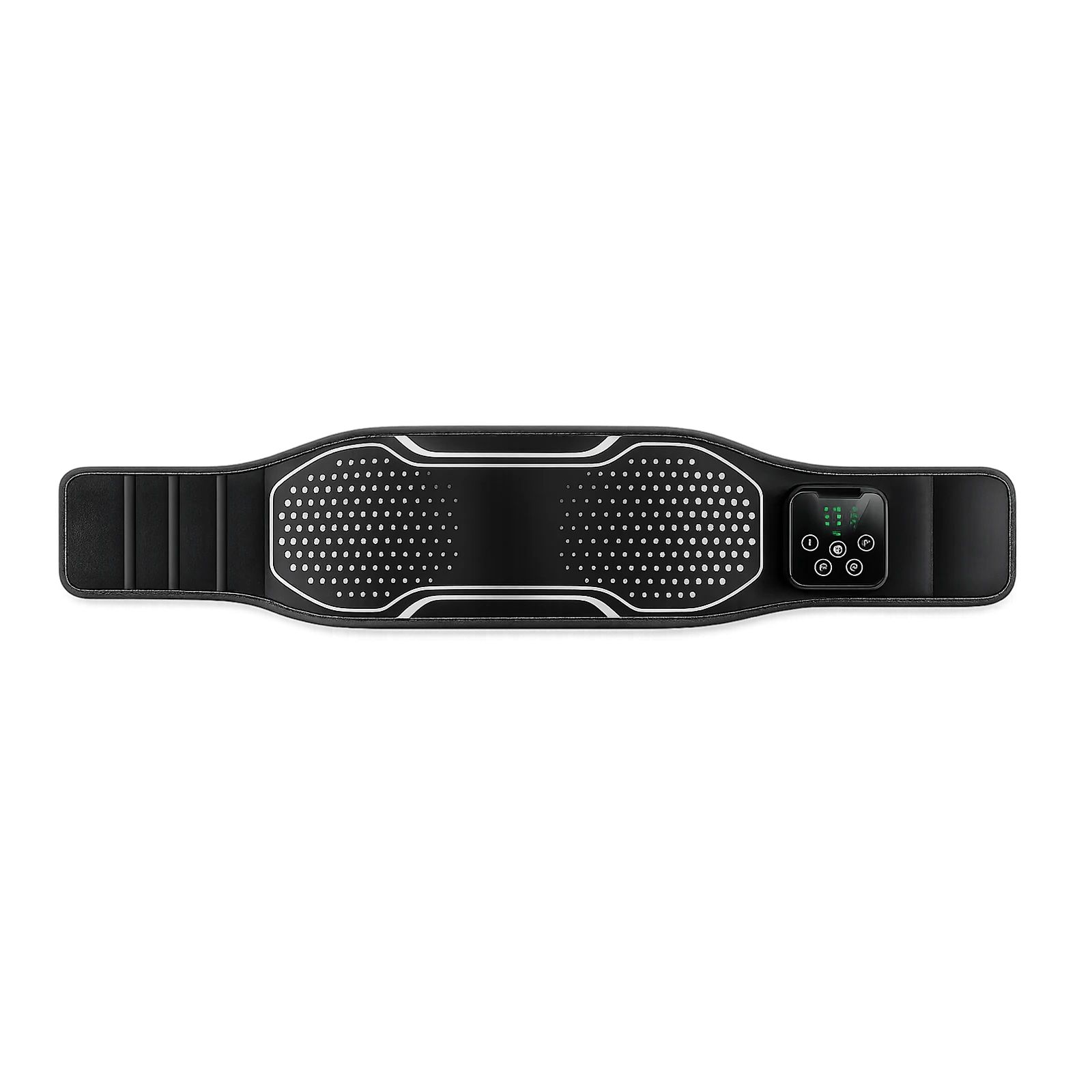 LK-WM01 waist belt fully expanded to show the wide wrap, perforated panels, and integrated controller.