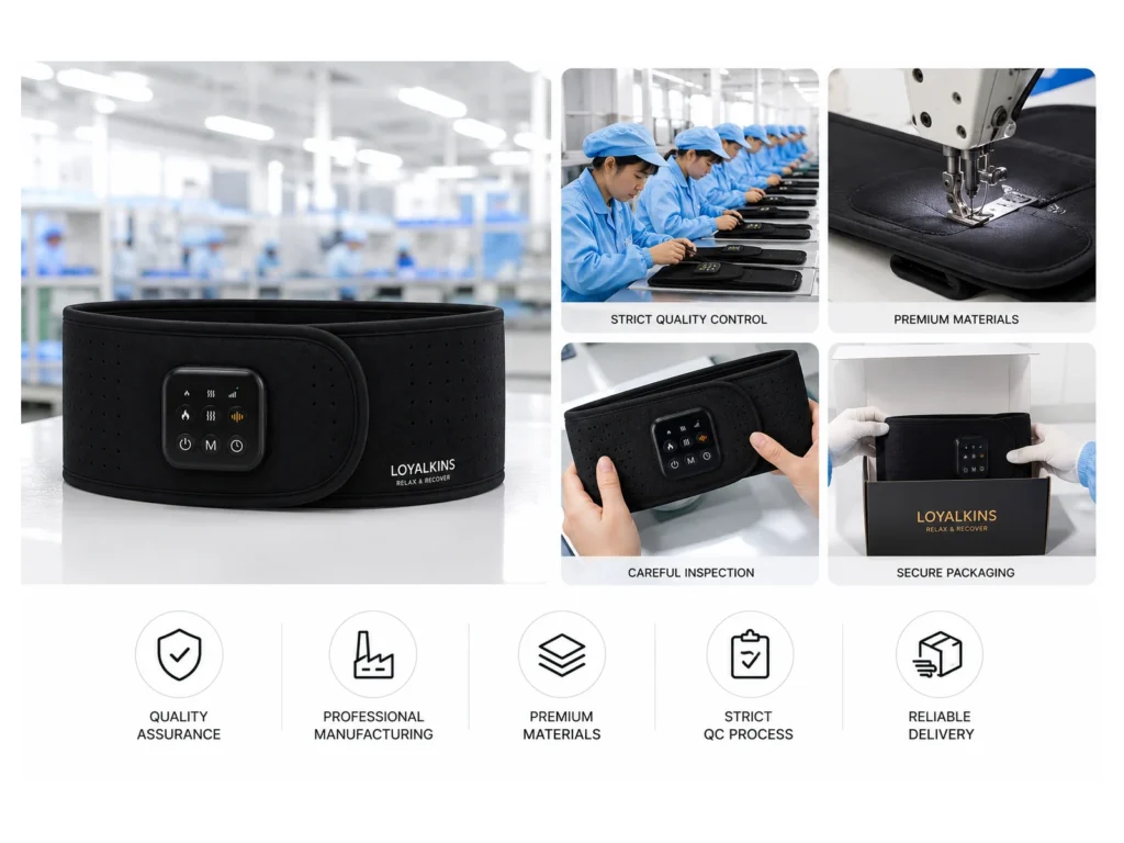 LK-WM01 manufacturing and quality-control process including stitching, inspection, and secure packaging.