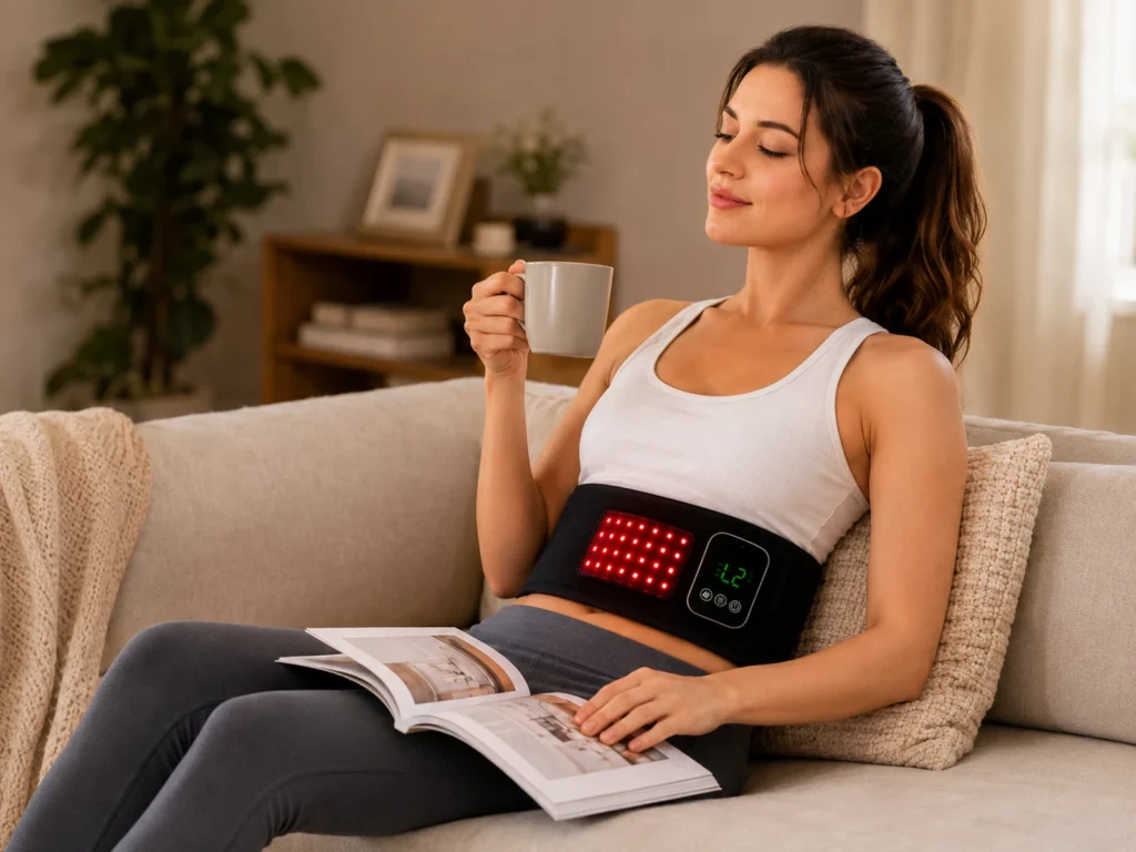 Home-use lifestyle scene showing the LK-WSM001 waist belt worn in a comfortable daily relaxation setting.