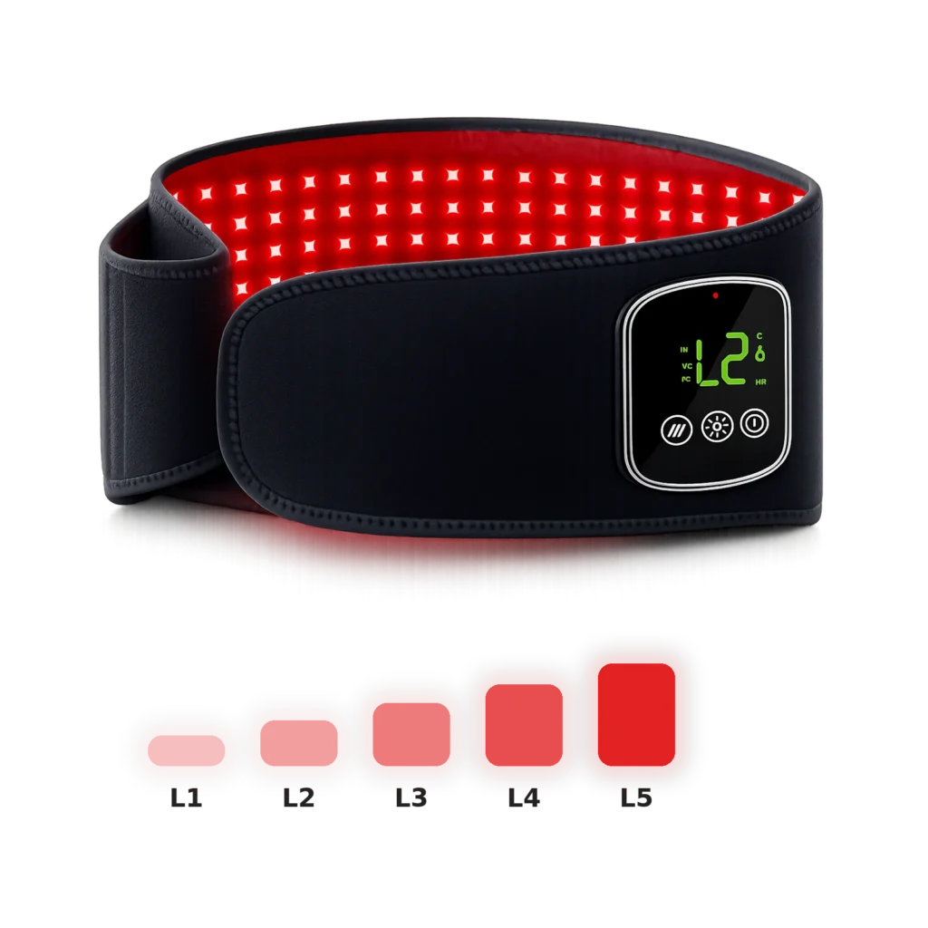 Feature image showing five adjustable red light intensity levels for the LK-WSM001 waist belt from L1 to L5.