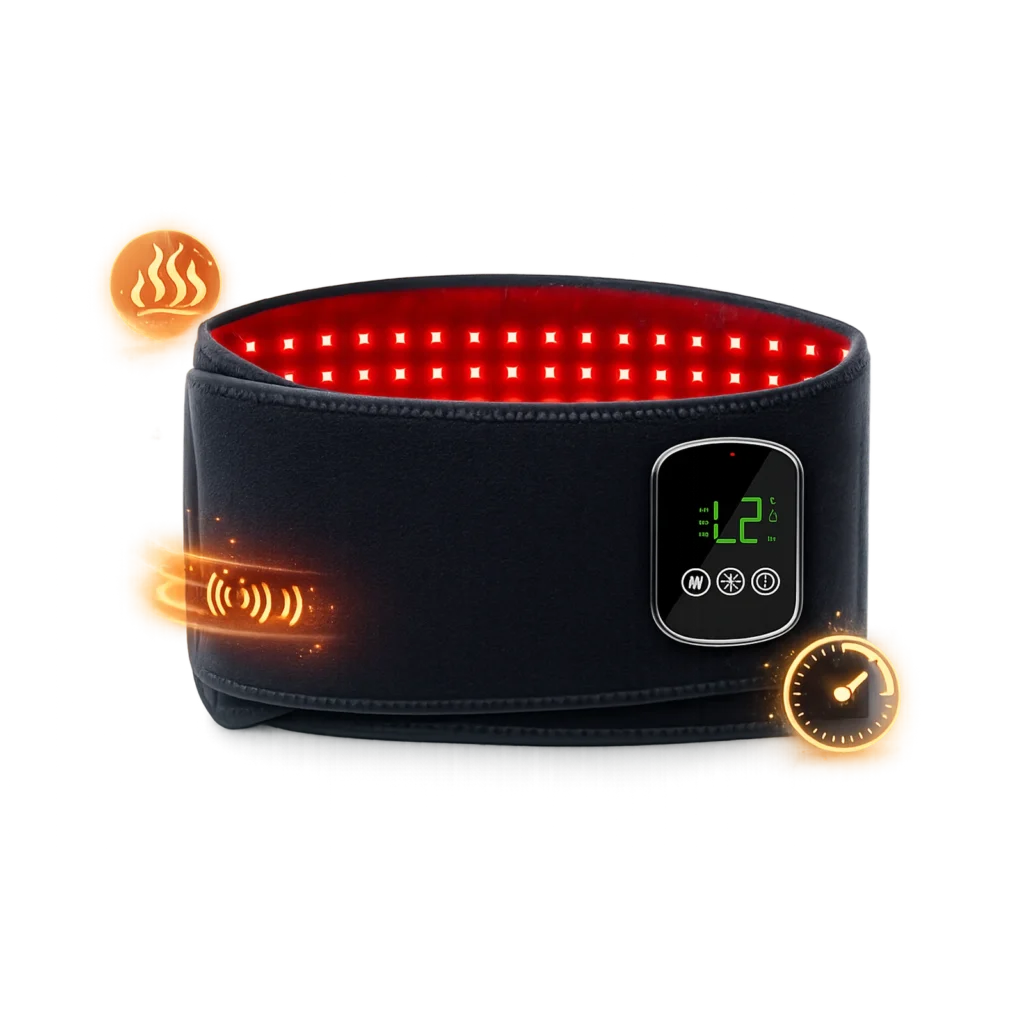 Feature image illustrating the LK-WSM001 waist belt functions for heat, vibration, and timer control using simple visual icons.