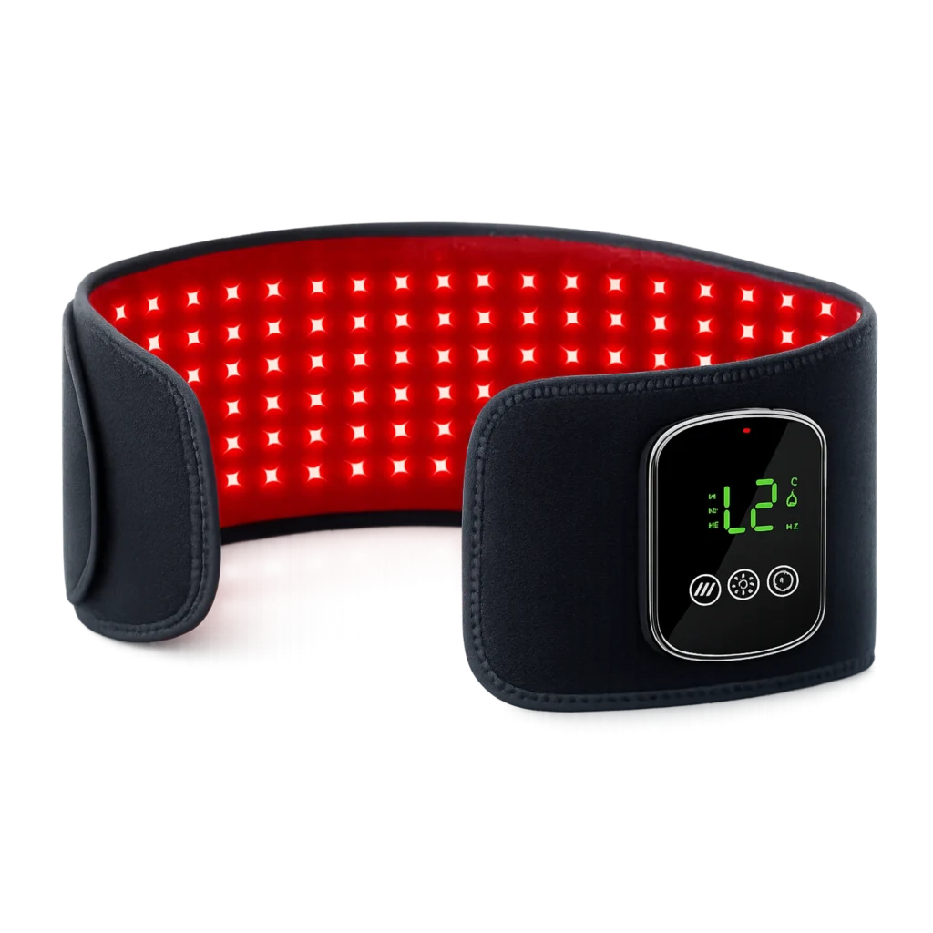 Close-up product image of the LK-WSM001 waist wrap in a semi-open view highlighting the wide inner red light panel and integrated controller.