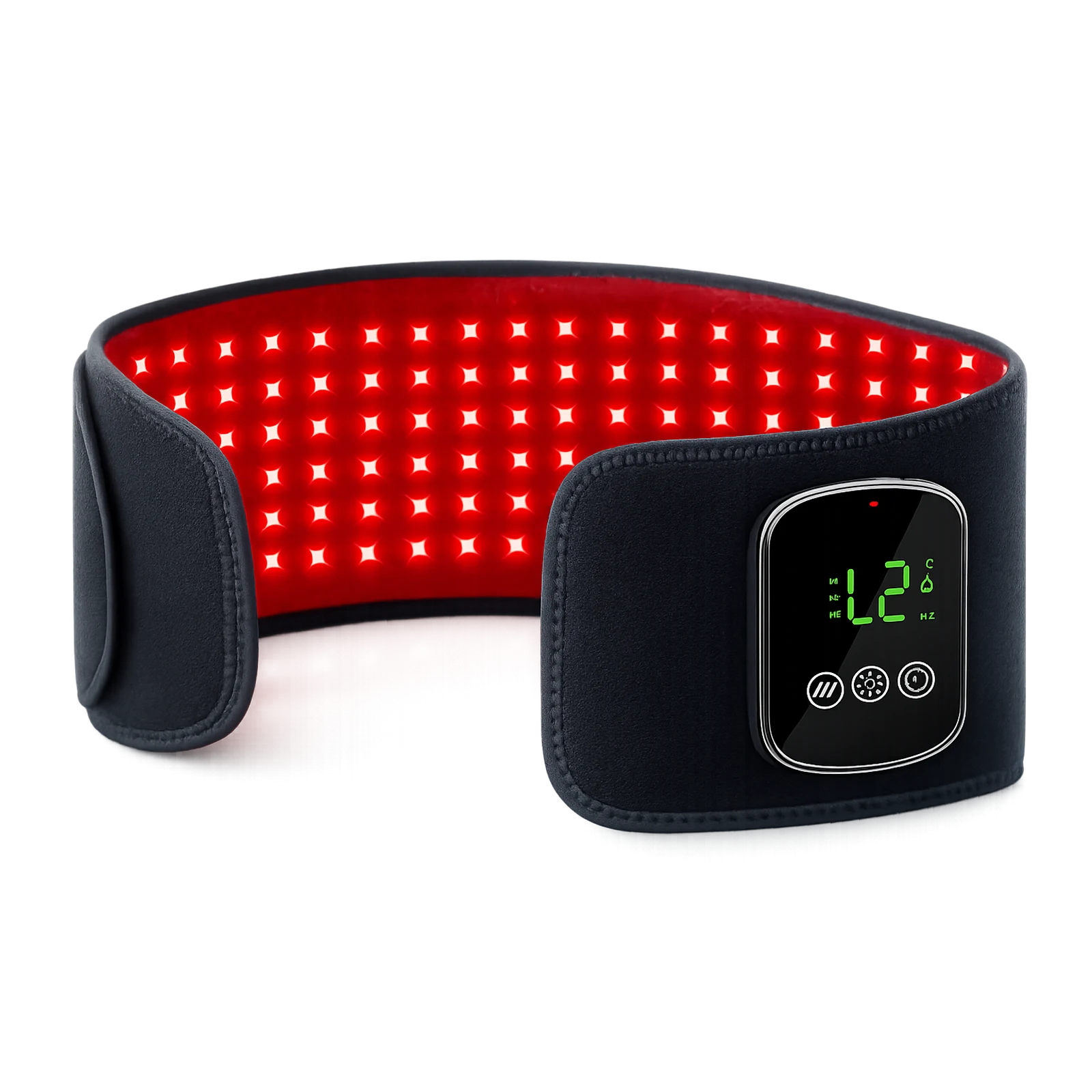 Close-up product image of the LK-WSM001 waist wrap in a semi-open view highlighting the wide inner red light panel and integrated controller.