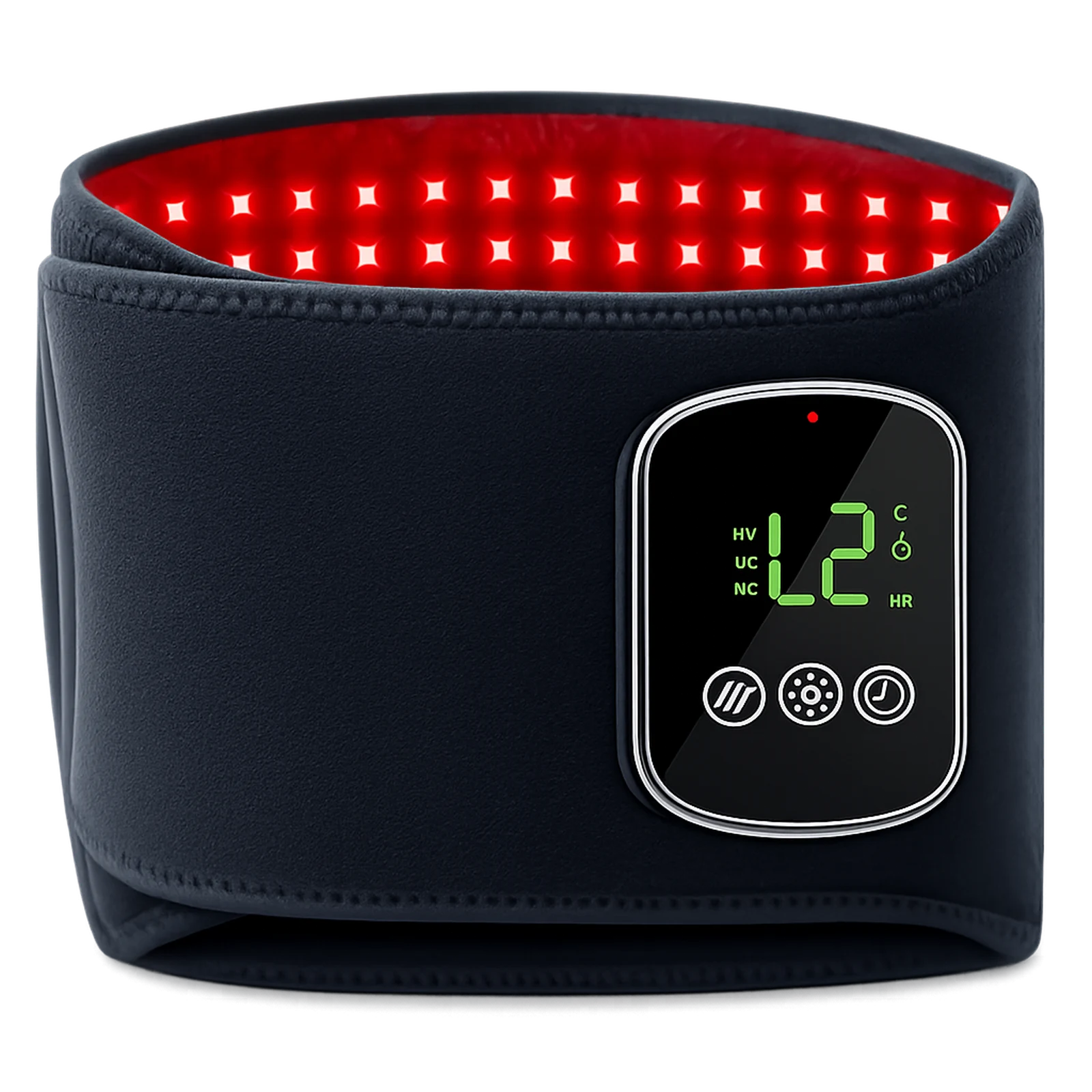 Close-up image of the LK-WSM001 controller showing the green digital display and three-button operation panel on the waist belt.