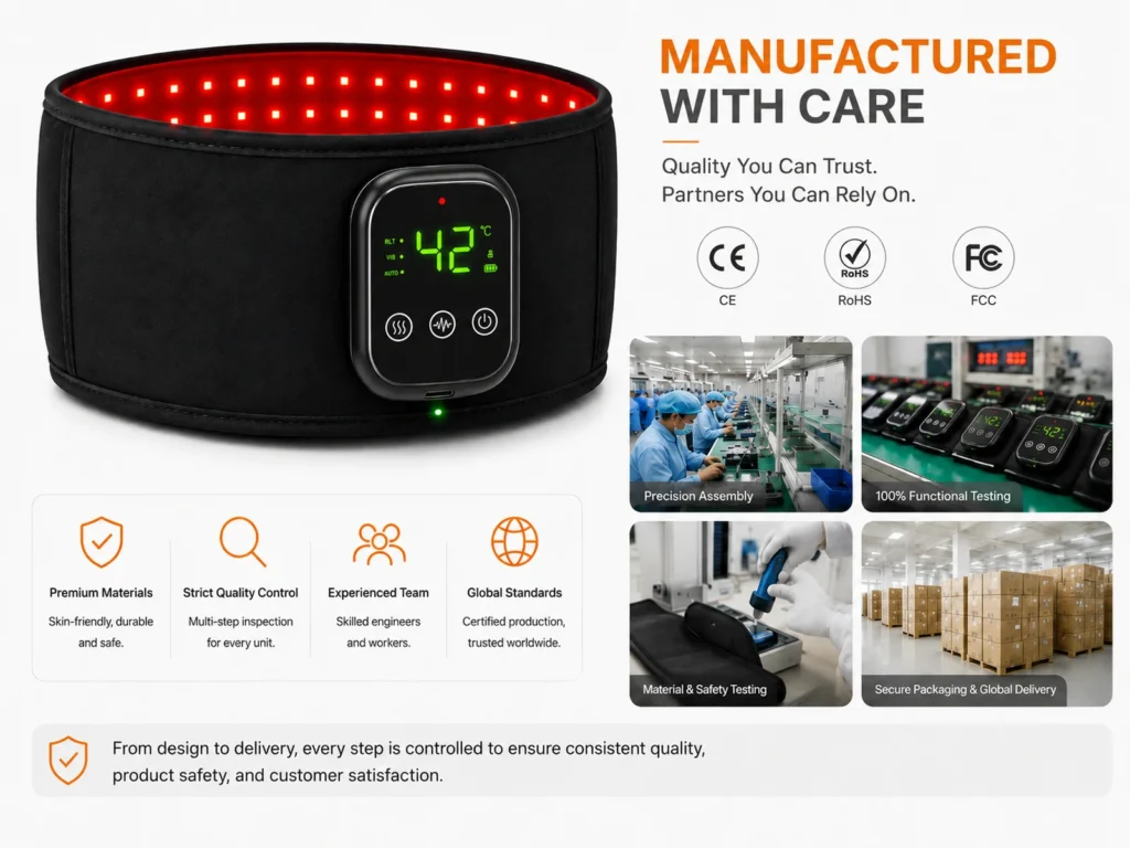 Manufacturing and quality assurance image for the LK-WSM001 waist belt showing CE, RoHS, FCC marks and production inspection scenes.