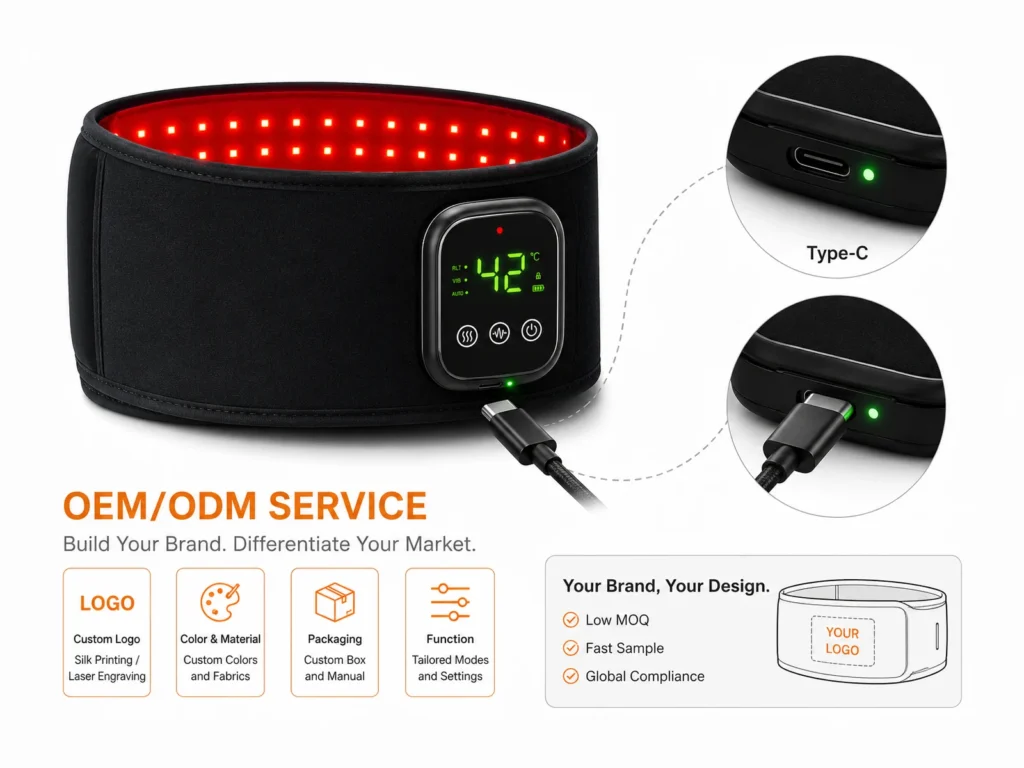 OEM and ODM service image for the LK-WSM001 waist belt showing custom branding, packaging, and function customization options.